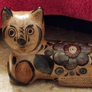 Vintage Mexican Tonala Pottery Cat with floral motif